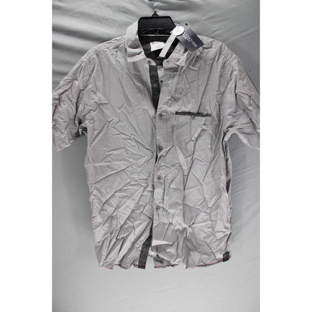 NWT Distortion Button Up‎ Shirt Short Sleeve Cotton Gray White Diamonds